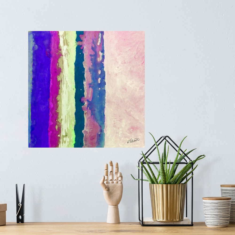 A bohemian room featuring Square abstract painting with vertical sections of color in shades of blue, pink, and green.