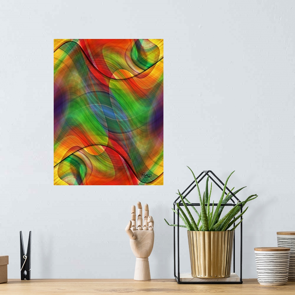 A bohemian room featuring Vertical abstract of swirled lines of vibrant colors such as red, green and yellow.