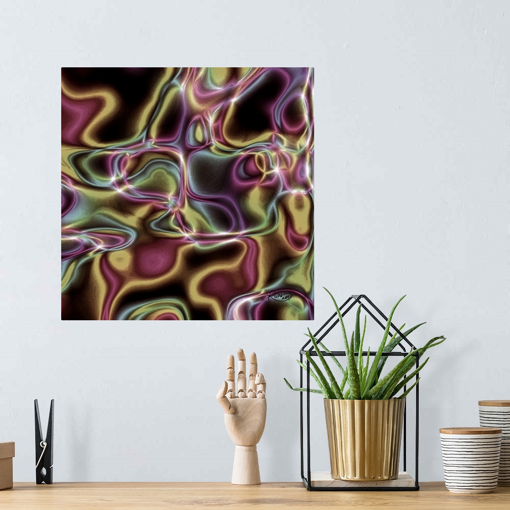 A bohemian room featuring Abstract art with moving lines of color all connecting through white center points on a black bac...