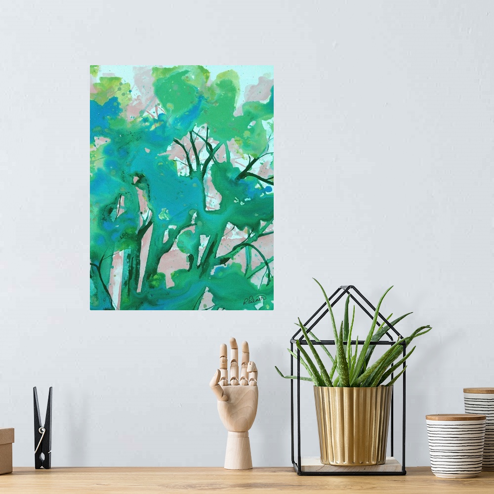 A bohemian room featuring Abstract painting in bright shades of blue, green, and gray.
