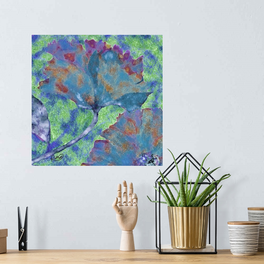 A bohemian room featuring Square abstract art with a floral print made out of curvy white lines and filled in with watercol...