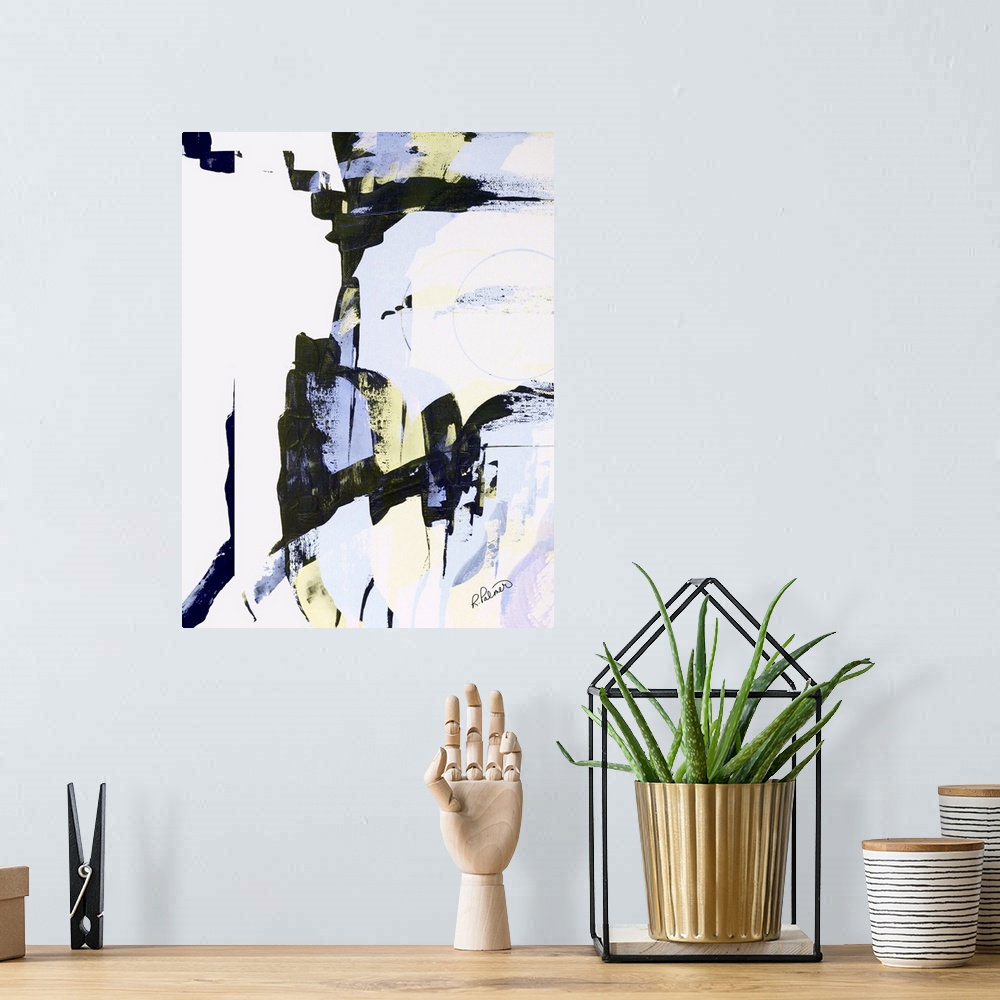 A bohemian room featuring Abstract painting with sporadic brushstrokes in black, yellow, and light purple hues on a white b...