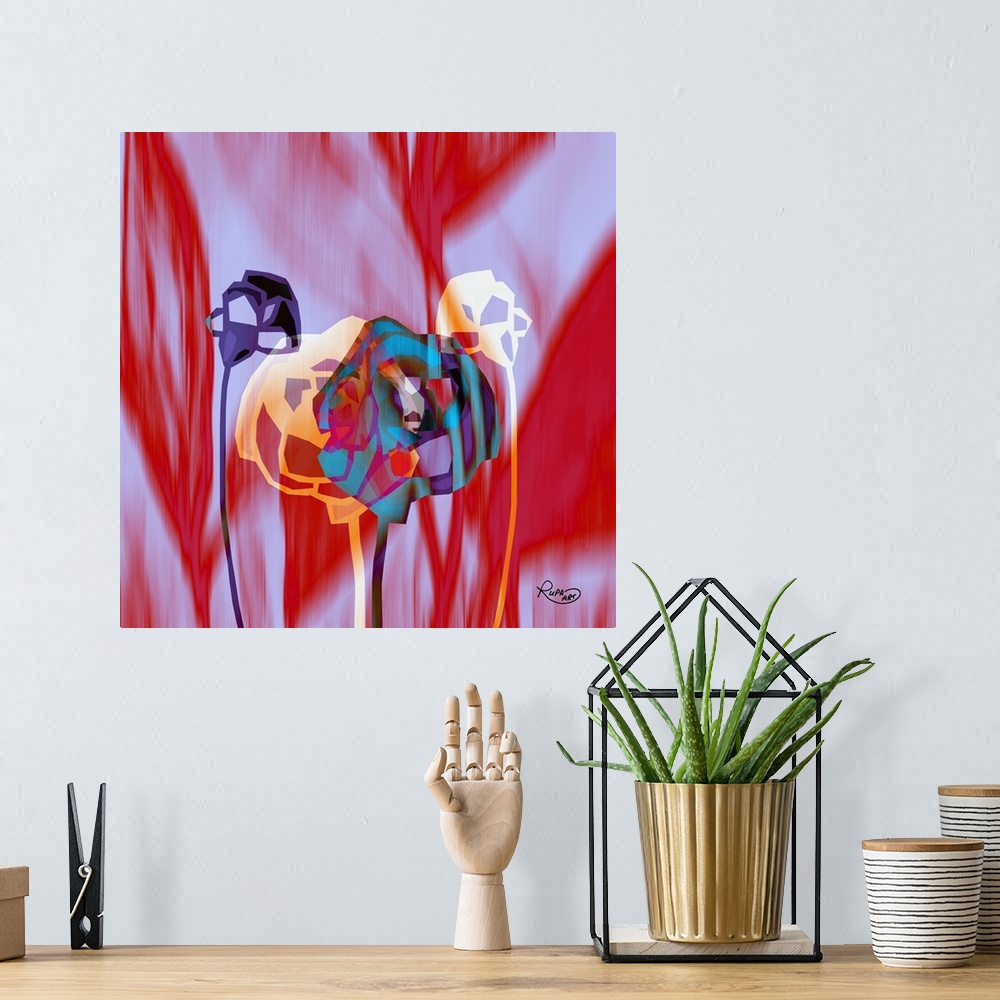 A bohemian room featuring Square abstract painting of flowers coming together on a pink and red designed background.