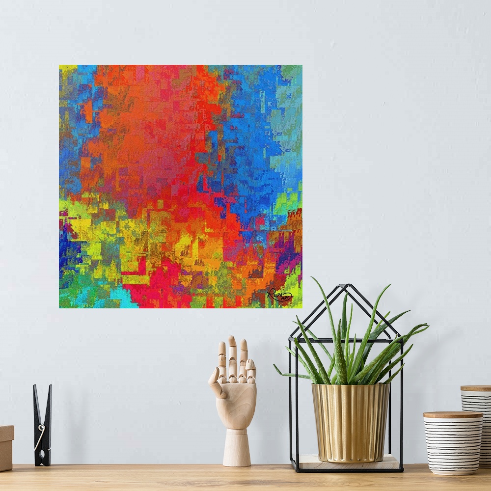 A bohemian room featuring Square abstract art with shapes and textures layered together in all colors of the rainbow.