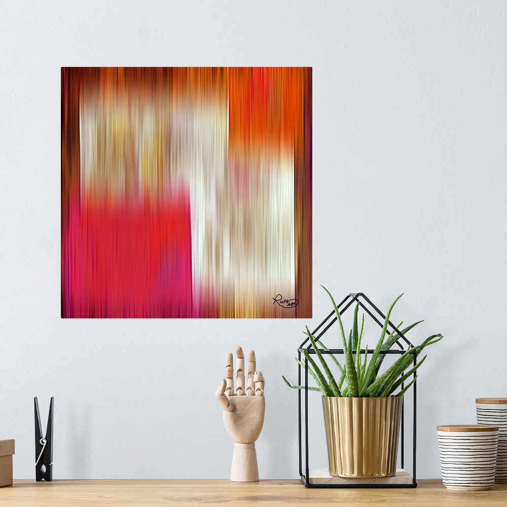 A bohemian room featuring Vibrant abstract artwork in blurred vertical lines that fades to different colors.