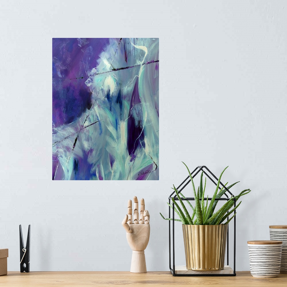 A bohemian room featuring Abstract painting in shades of purple, white, gray, and blue with thin black and purple lines on ...