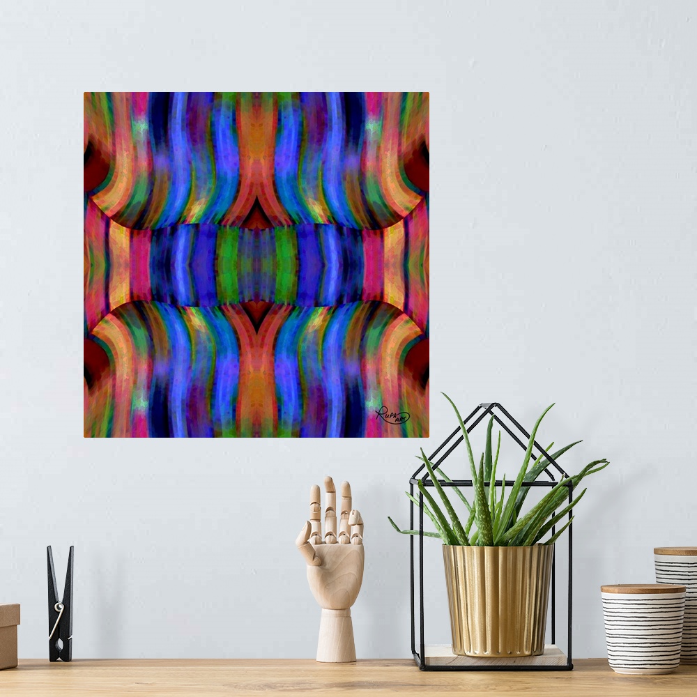A bohemian room featuring Square abstract in a repetitive design of striped colored shapes.