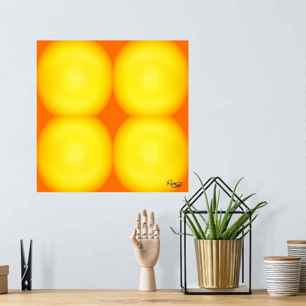 A bohemian room featuring Square abstract of four large blurred yellow circles against an orange backdrop.