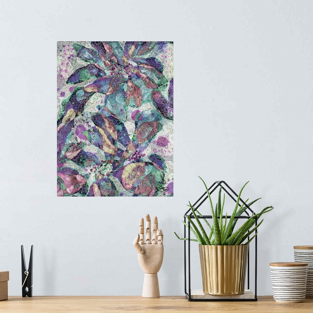 A bohemian room featuring Spotted abstract art with a floral design in cool tones.