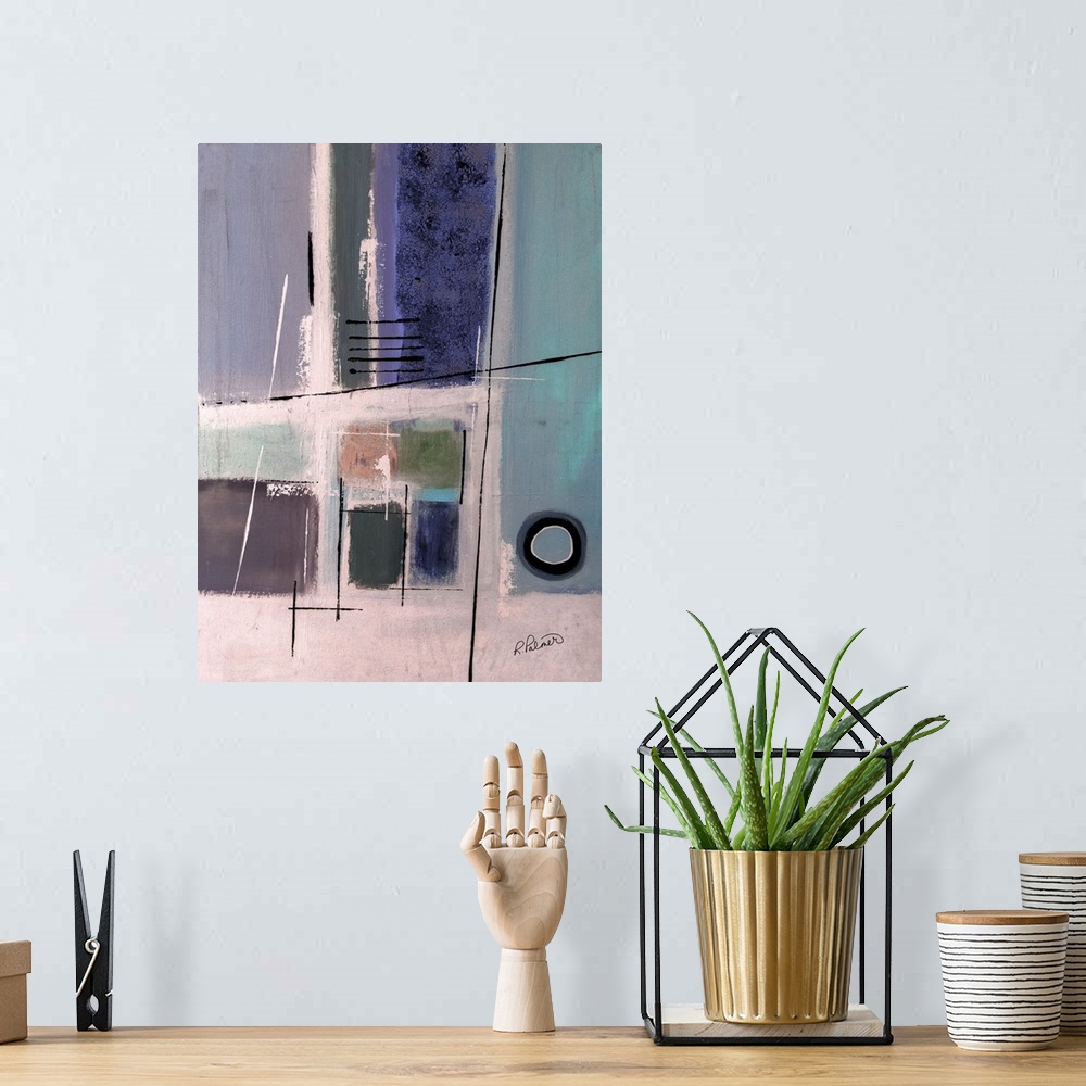 A bohemian room featuring Abstract painting with a modern using geometric shapes and thin lines in shades of purple, blue, ...