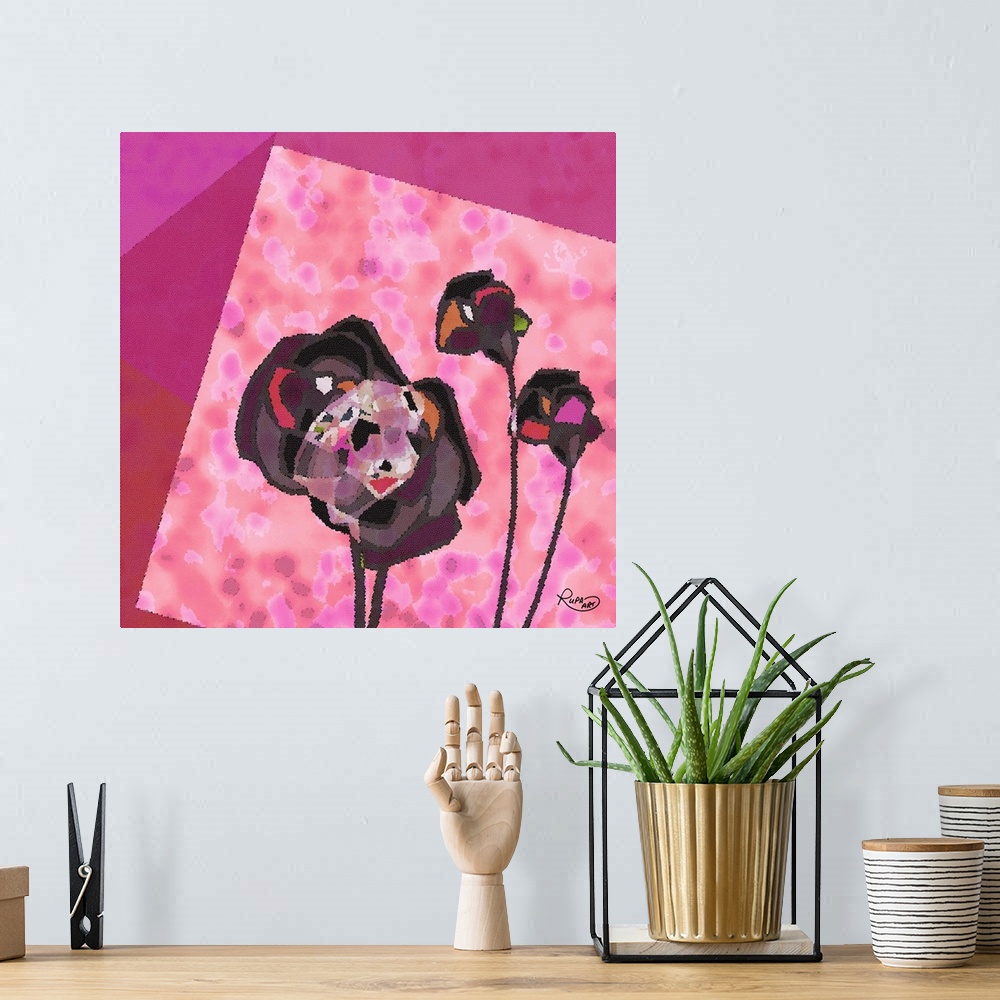 A bohemian room featuring Square pink and purple abstract floral art made in a mosaic style.