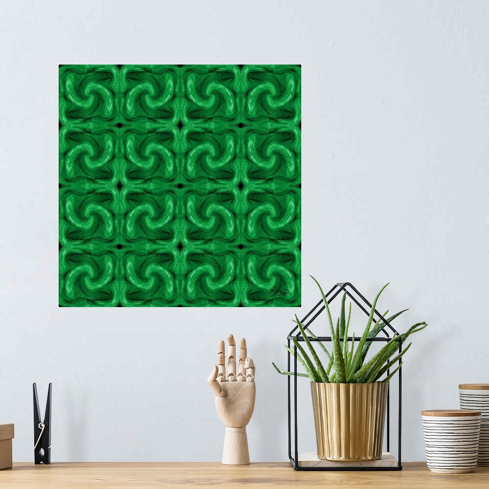 A bohemian room featuring Contemporary digital art of emerald green links in a repeating pattern.