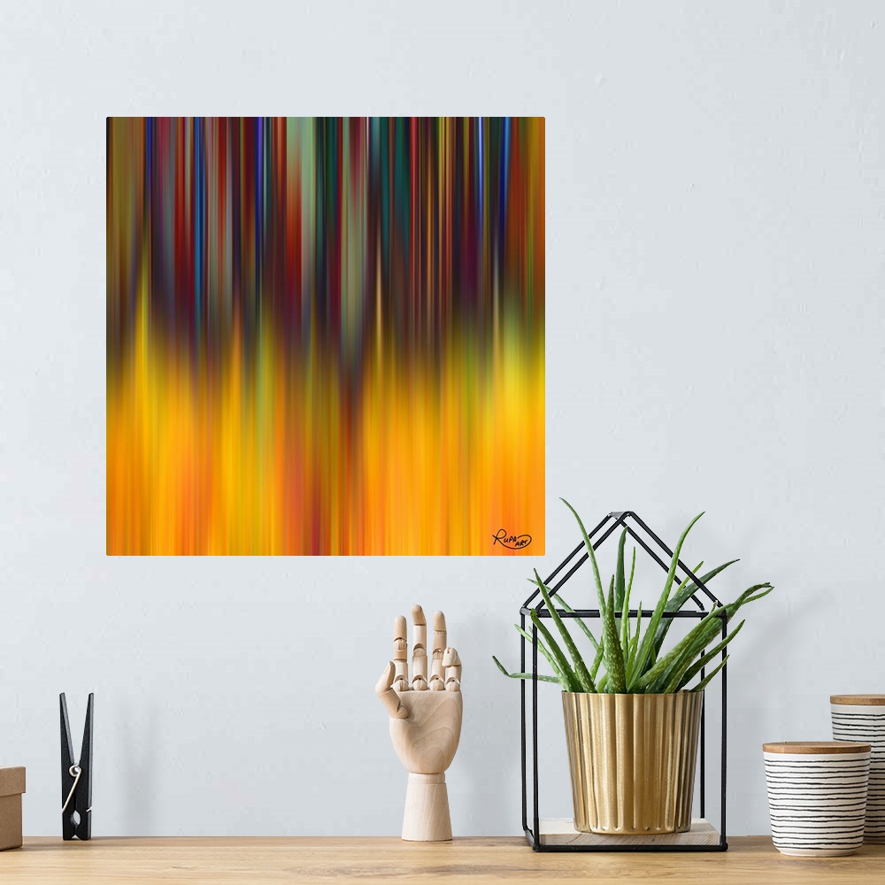 A bohemian room featuring Square abstract art with dark, colorful hues in thin, vertical lines falling from the top down to...
