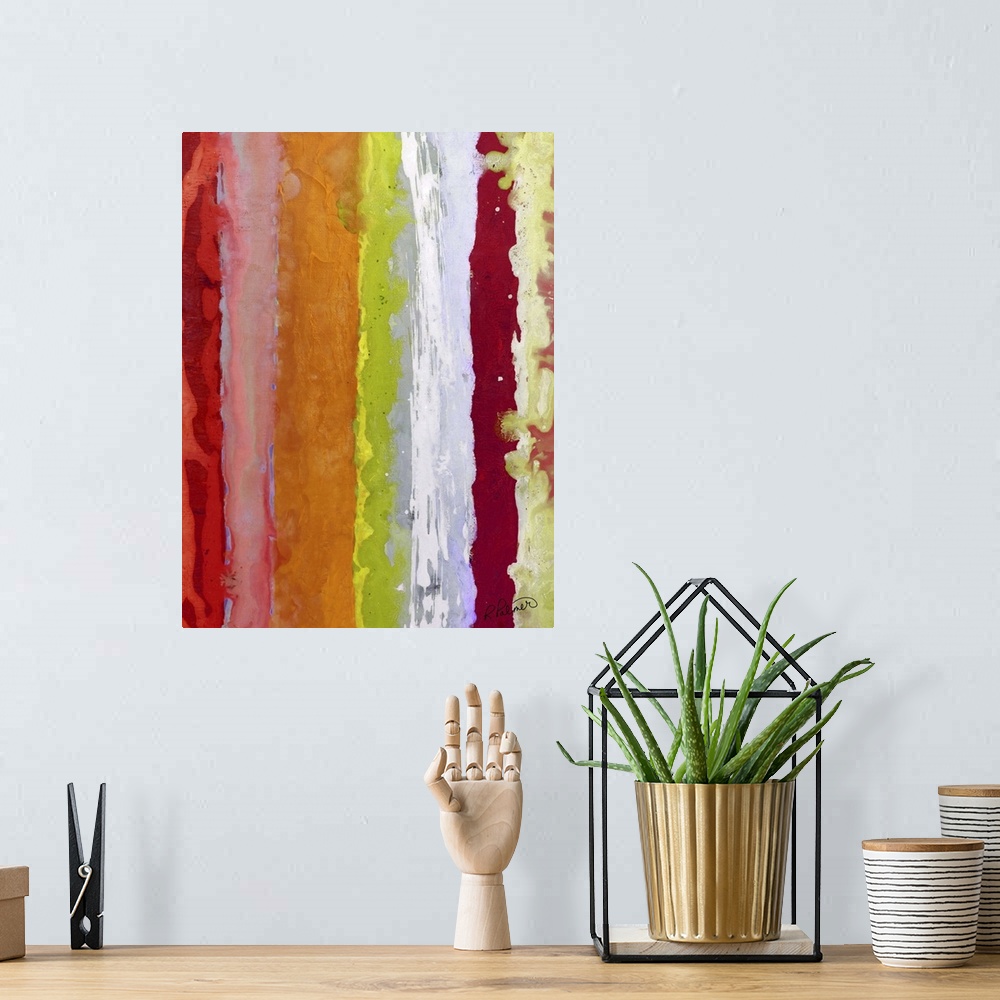A bohemian room featuring Colorful abstract painting with vertical bands of color in shades of red, pink, orange, yellow, g...