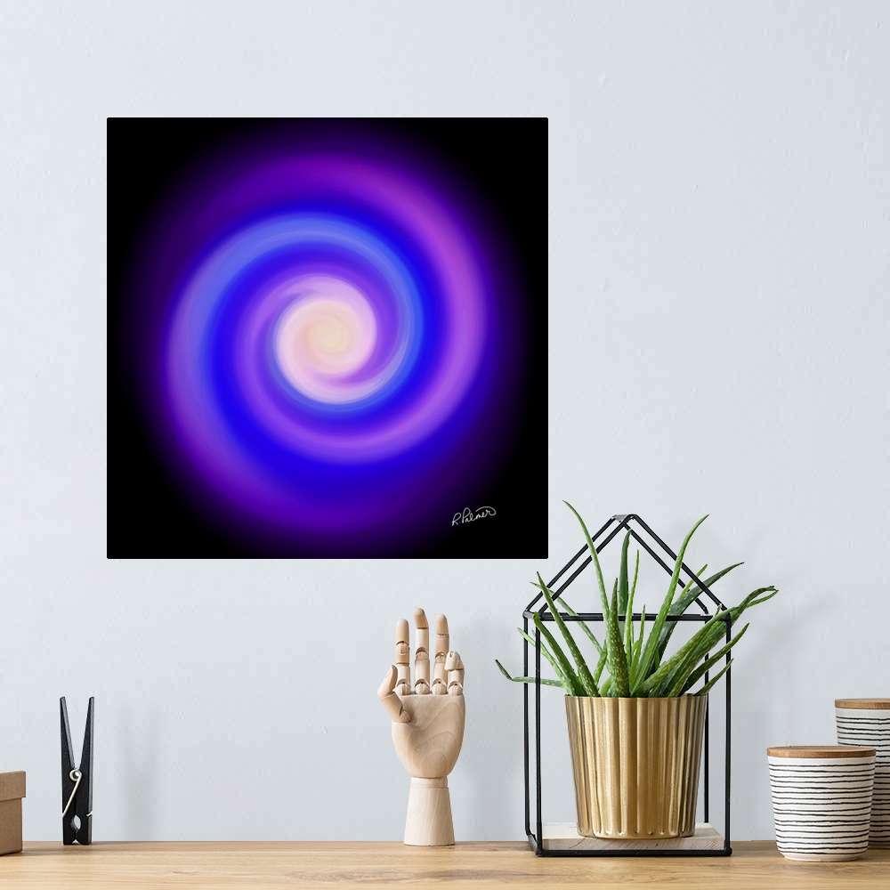 A bohemian room featuring Square image of swirls of colors in purple and blue, forming a circle.