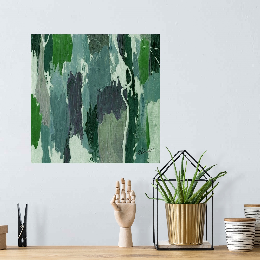 A bohemian room featuring Square abstract painting with thick vertical brushstrokes in shades of green.