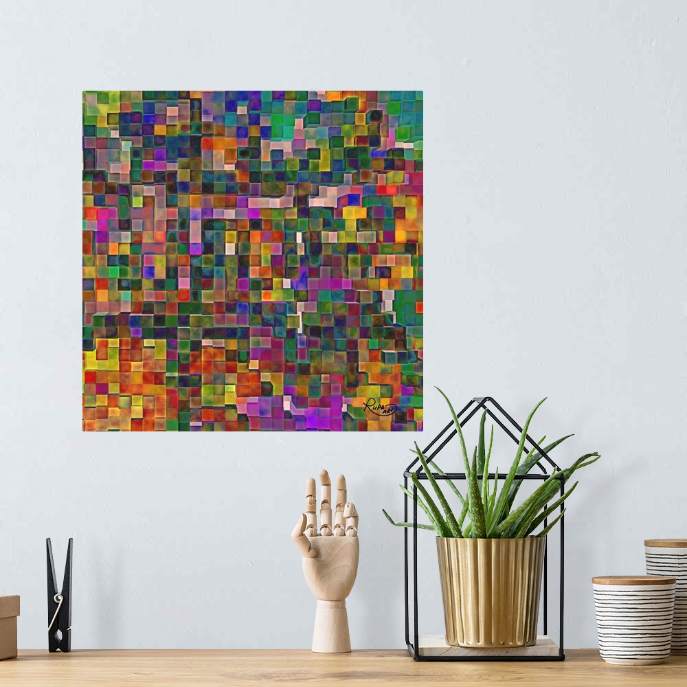 A bohemian room featuring Square abstract art that is made up with tiny squares filled with color creating a grid-like patt...