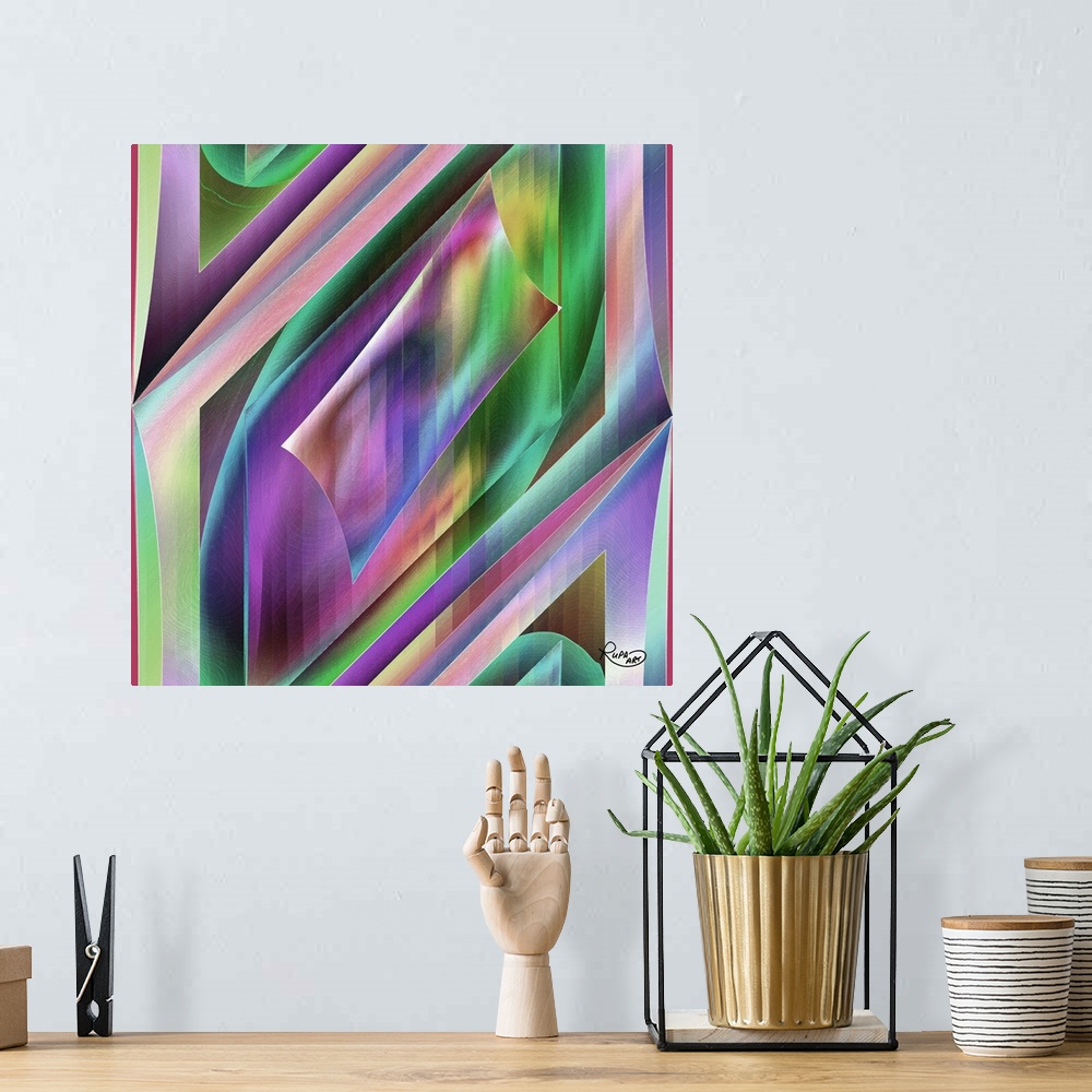 A bohemian room featuring Contemporary digital artwork of intersecting geometric shapes in green and purple.