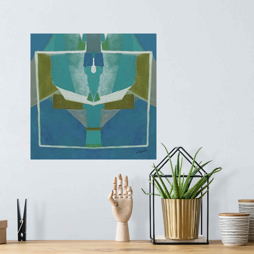 A bohemian room featuring Square abstract painting with blue and green symmetrical designs.
