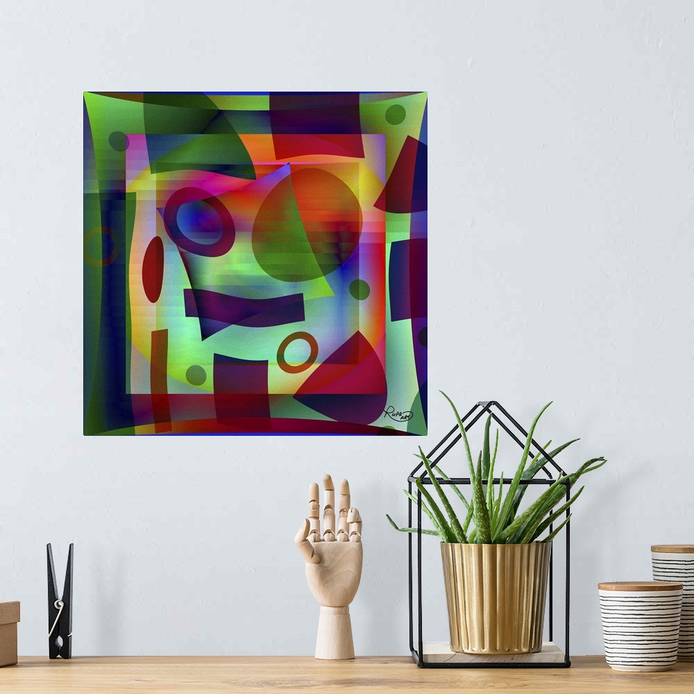 A bohemian room featuring Contemporary digital art of geometric shapes in vibrant, almost neon colors.