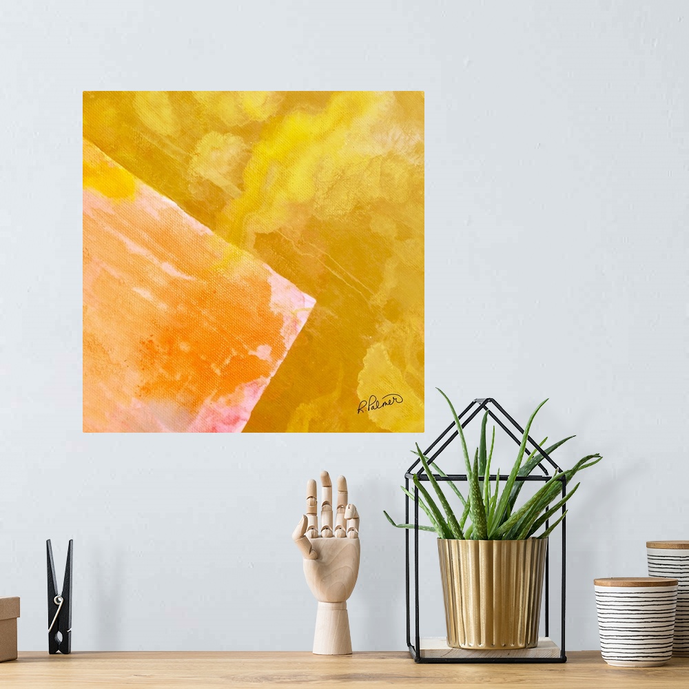 A bohemian room featuring Square abstract painting with one large  square in the corner made with shades of yellow with hin...