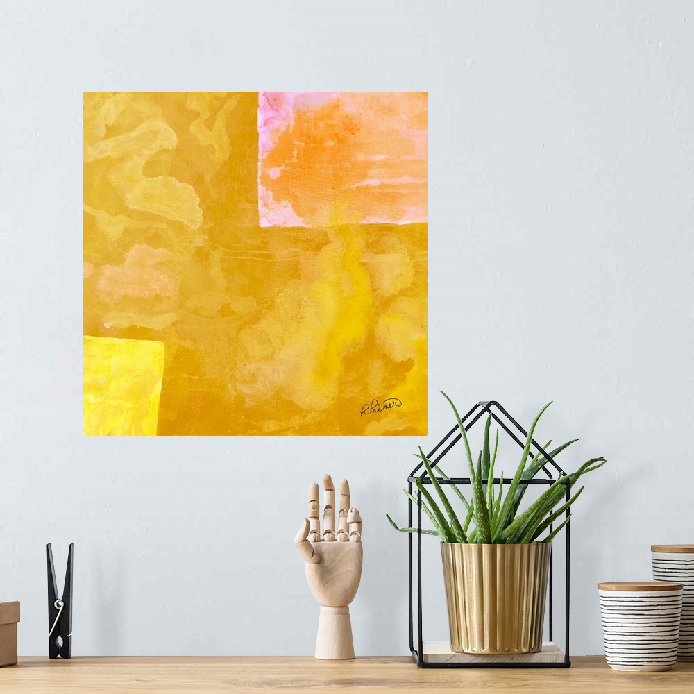A bohemian room featuring Square abstract painting with large sporadic squares in shades of yellow with hints of pink and o...