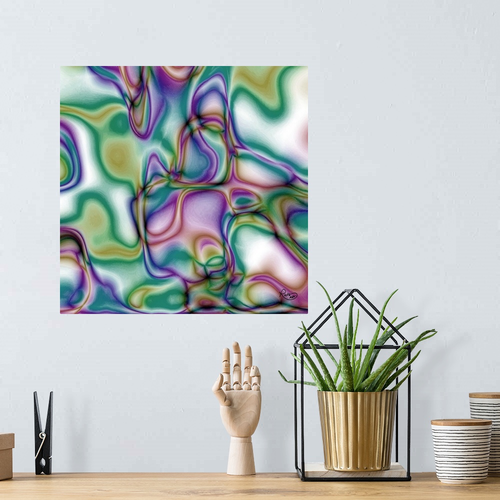 A bohemian room featuring Square abstract art with wavy lines of color intertwining together on a white background