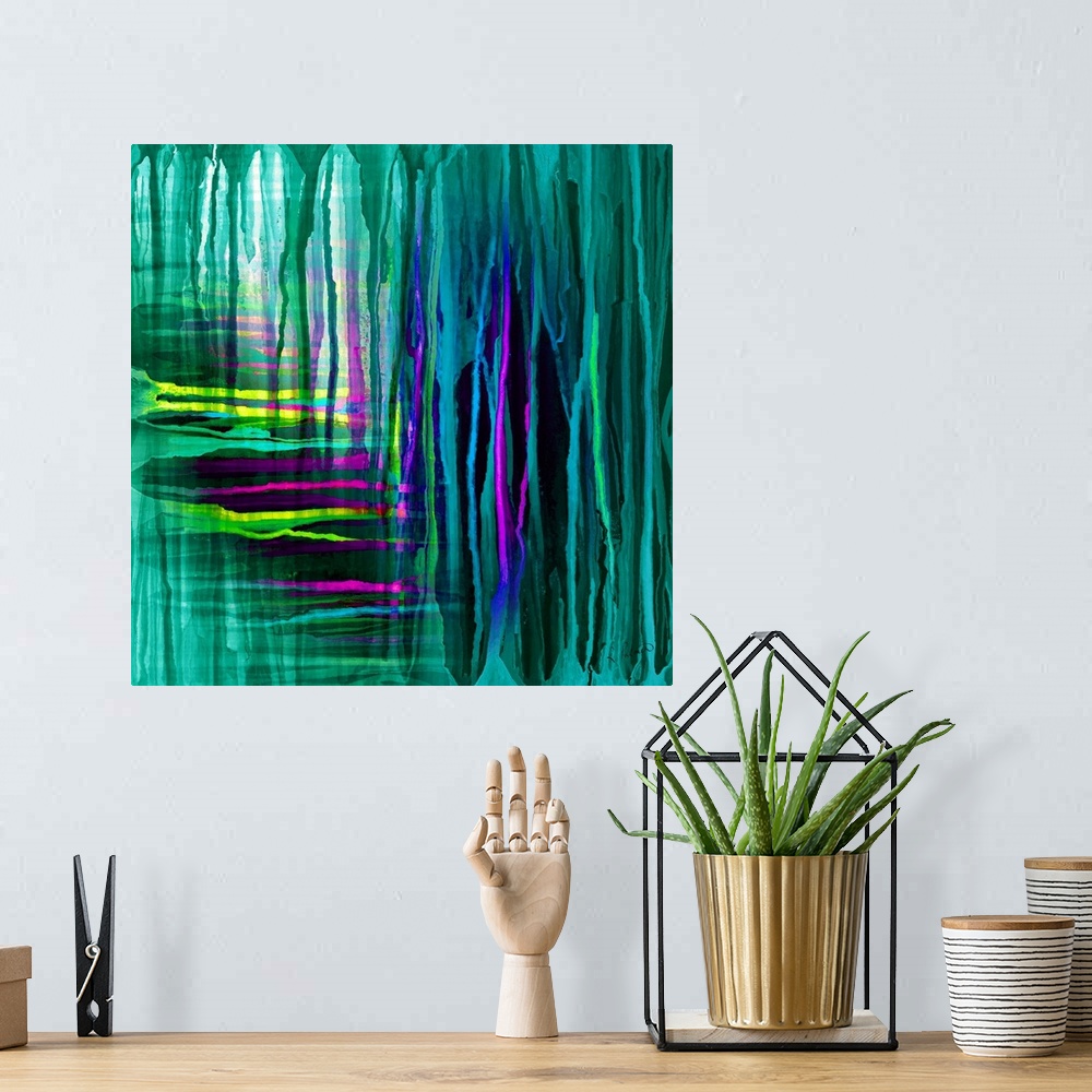 A bohemian room featuring Contemporary abstract painting of vertical and horizontal neon lines of green and purple.