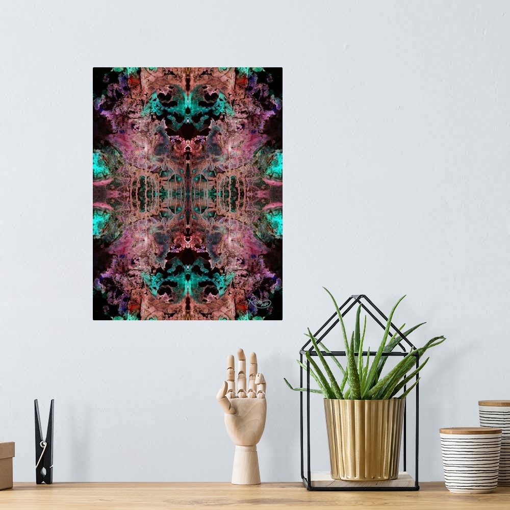 A bohemian room featuring Vertical abstract in a repetitive design of paint swirls in vibrant colors.