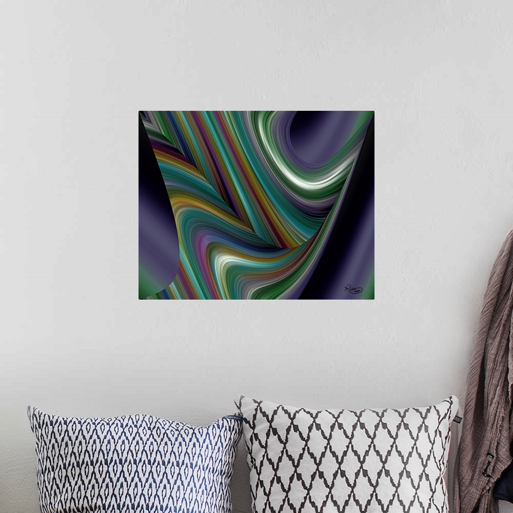 A bohemian room featuring Abstract art with arching colorful, thin lines coming together to create smooth movement.