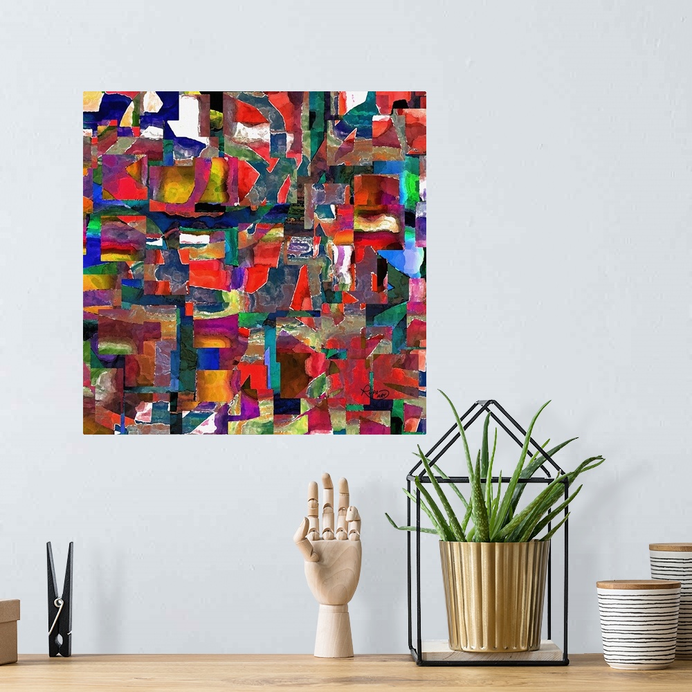 A bohemian room featuring Square abstract art made out of  straight-edged sections of color collaged together creating laye...