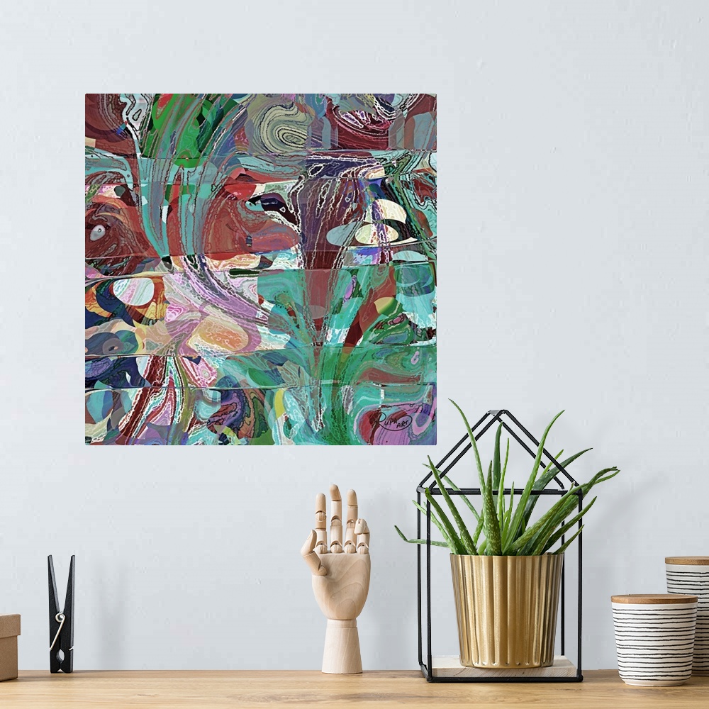 A bohemian room featuring Square abstract art with a busy design filled with faded hues.
