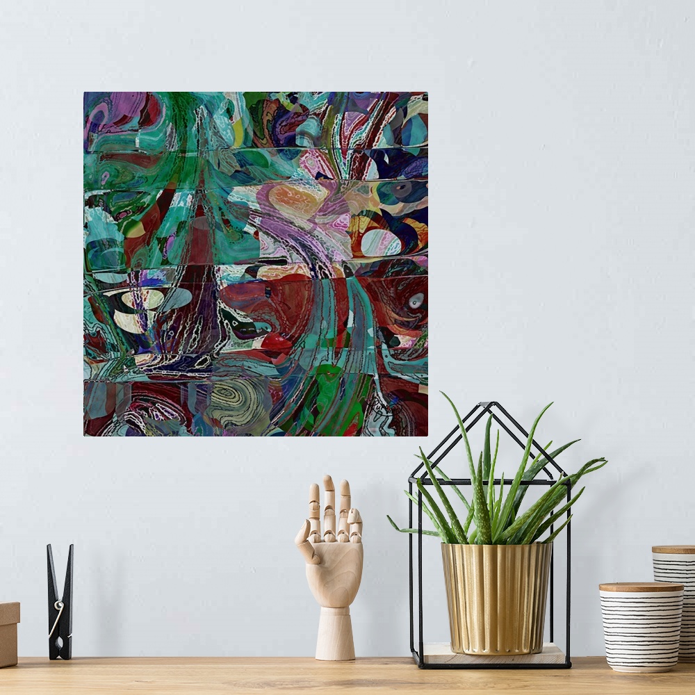 A bohemian room featuring Square abstract art with a busy design filled with dark hues.