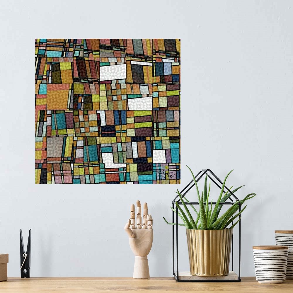 A bohemian room featuring Square geometric abstract art with different colored shapes made out of other shapes and layered ...
