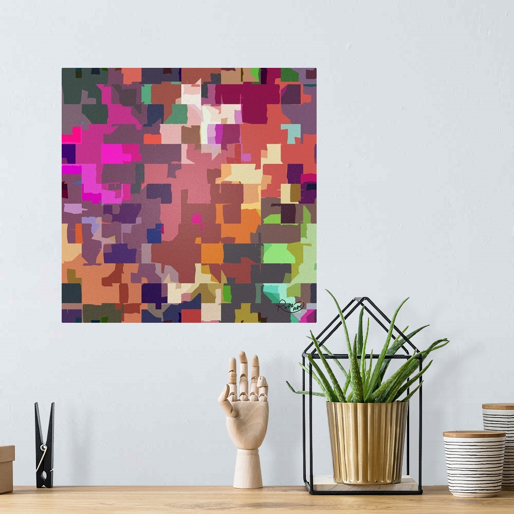 A bohemian room featuring Square abstract piece with a grid of colorful inorganic shapes on a bumpy textured background.