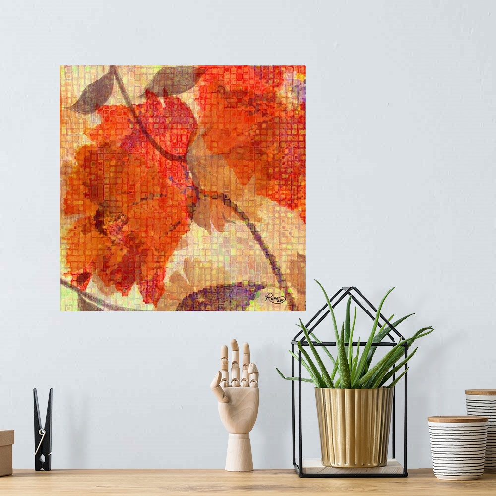 A bohemian room featuring Digital artwork of orange flowers with brown leaves with a mosaic tile effect.