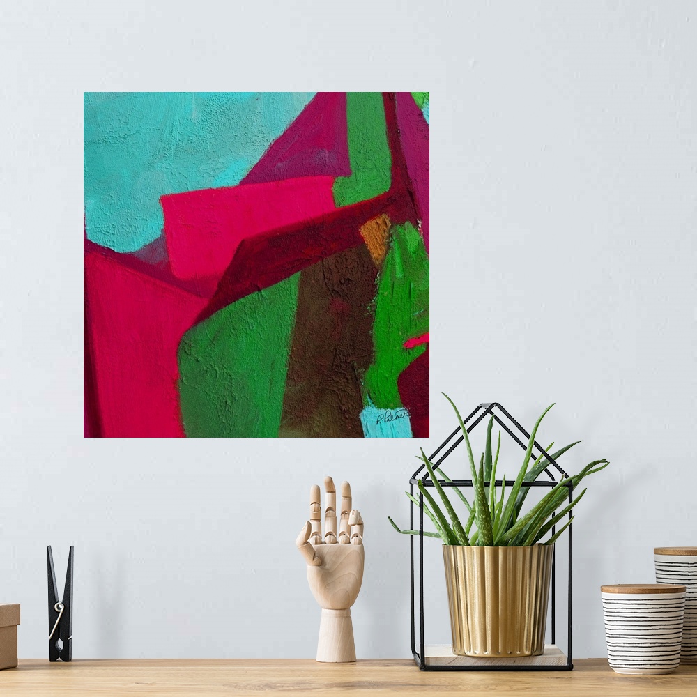 A bohemian room featuring Bright square abstract painting with pink, red, green, brown, and blue shapes fitting perfectly t...