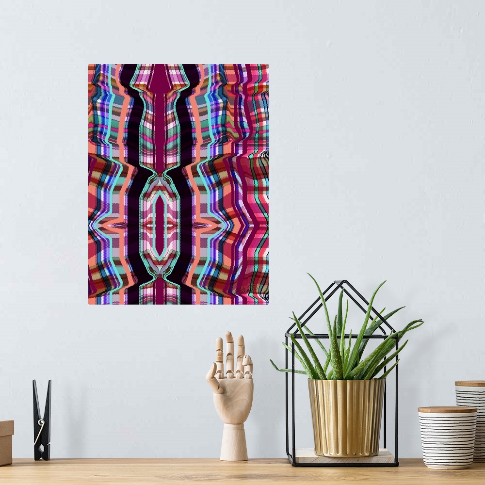 A bohemian room featuring A vertical image of a plaid design.