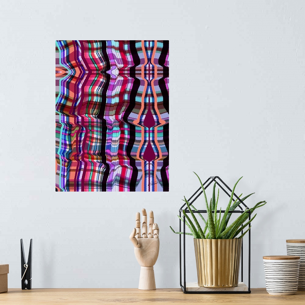 A bohemian room featuring A vertical image of a plaid design.