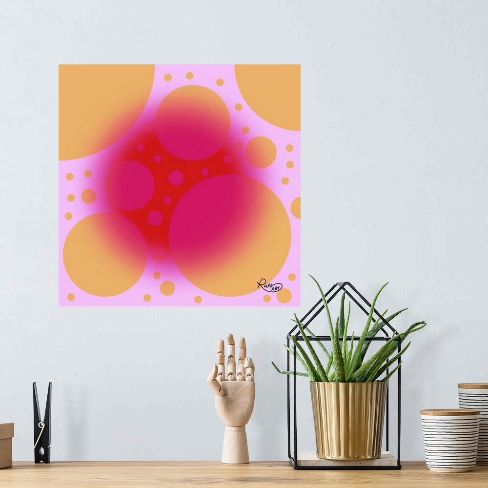 A bohemian room featuring Digital abstract art of a fuchsia colored circle over orange spots on a pink background.