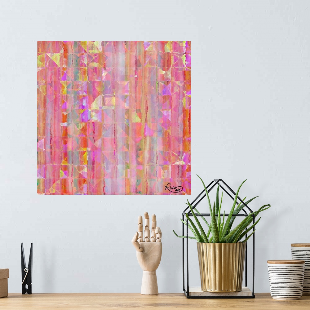 A bohemian room featuring Digital contemporary painting in almost neon shades of pink and yellow.