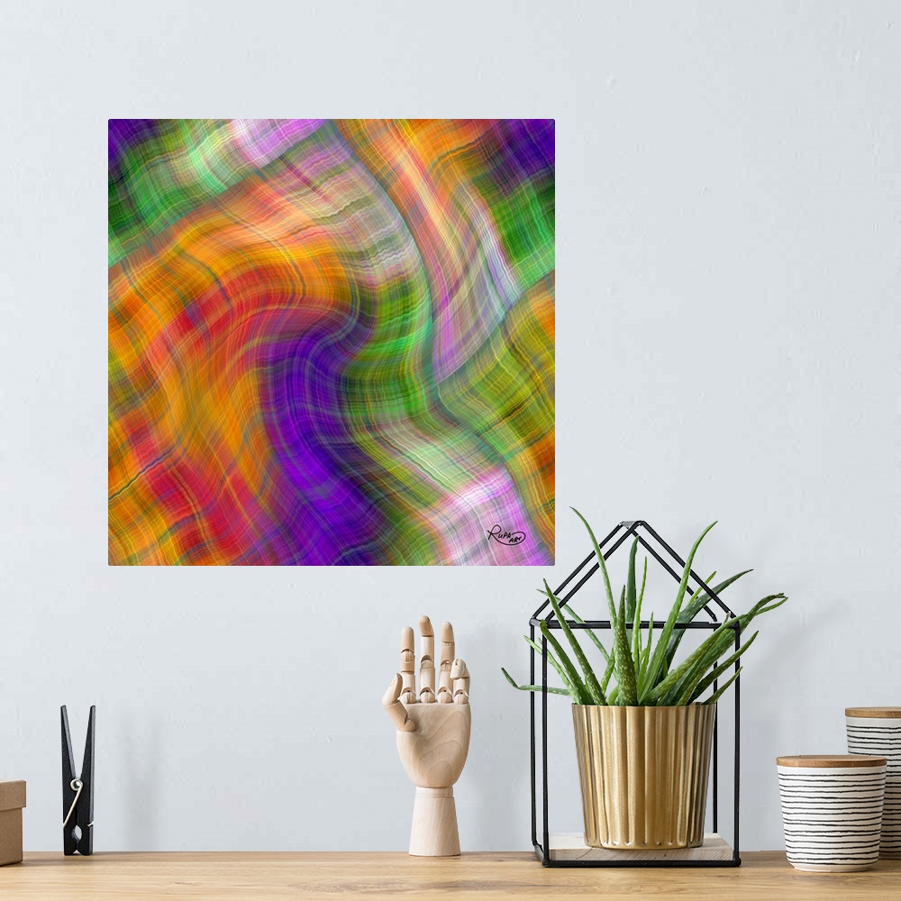 A bohemian room featuring Digital contemporary artwork of overlapping waves of orange, green, and purple stripes.