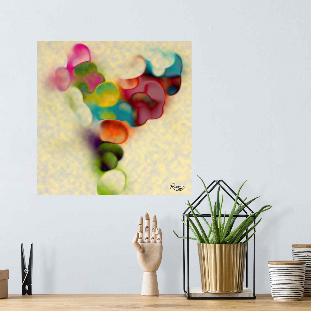 A bohemian room featuring Square abstract art with dream-like puffs of color.