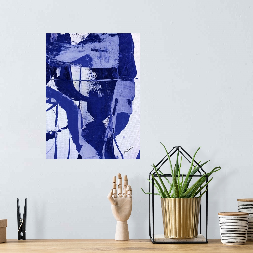 A bohemian room featuring Abstract painting with large brushstrokes in blue and light purple on a white background.