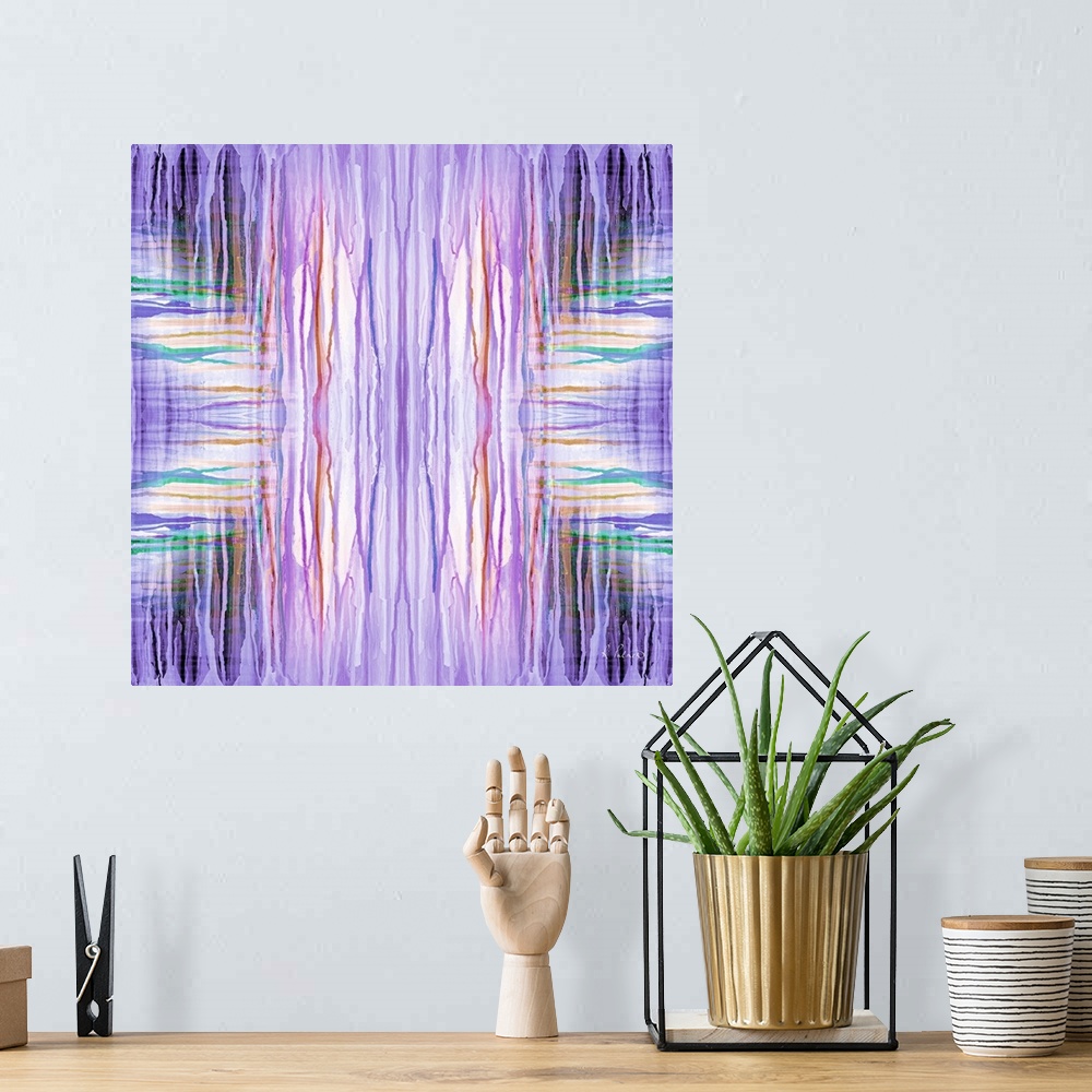 A bohemian room featuring Contemporary abstract painting of a mirrored pattern using neon purple lines.