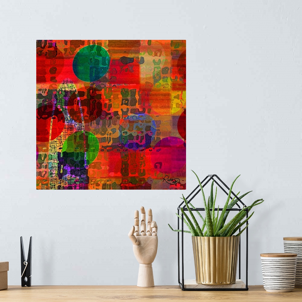 A bohemian room featuring Square abstract art that has squares on the background made with different shades of red, bright ...