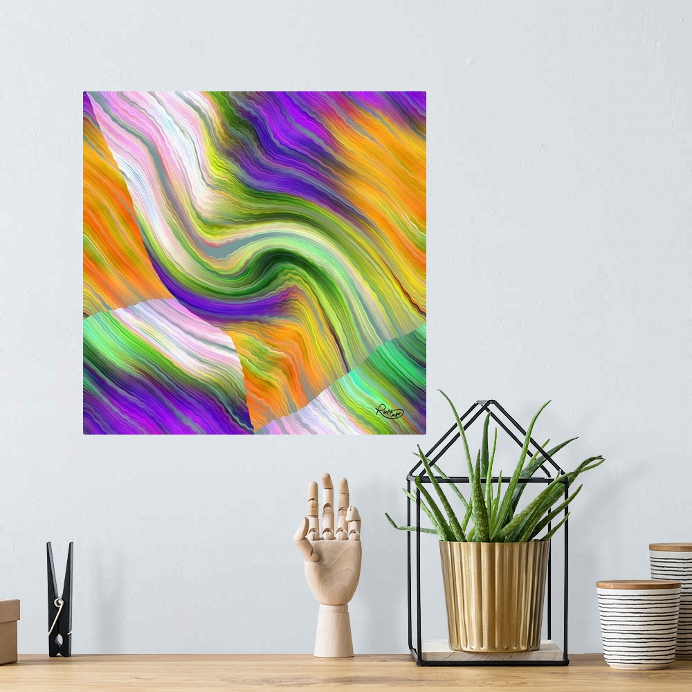A bohemian room featuring Digital contemporary artwork of overlapping waves of orange, green, and purple stripes.