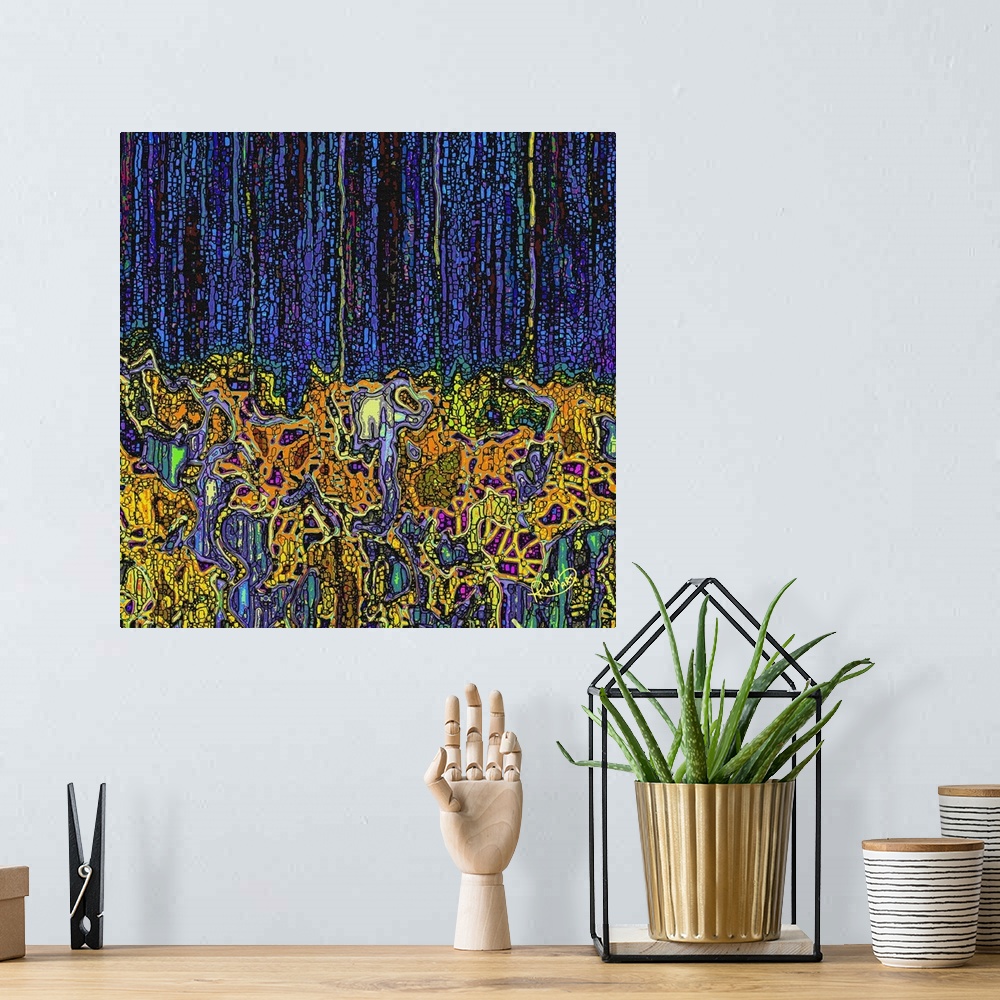 A bohemian room featuring Digital contemporary art of deep blue streaks over orange and yellow shapes.