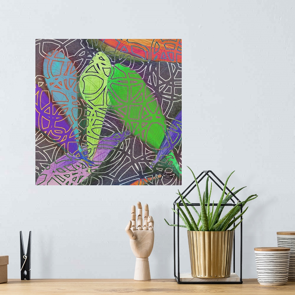 A bohemian room featuring Square abstract art with a dark background and brightly colored petal shapes with an outlined des...
