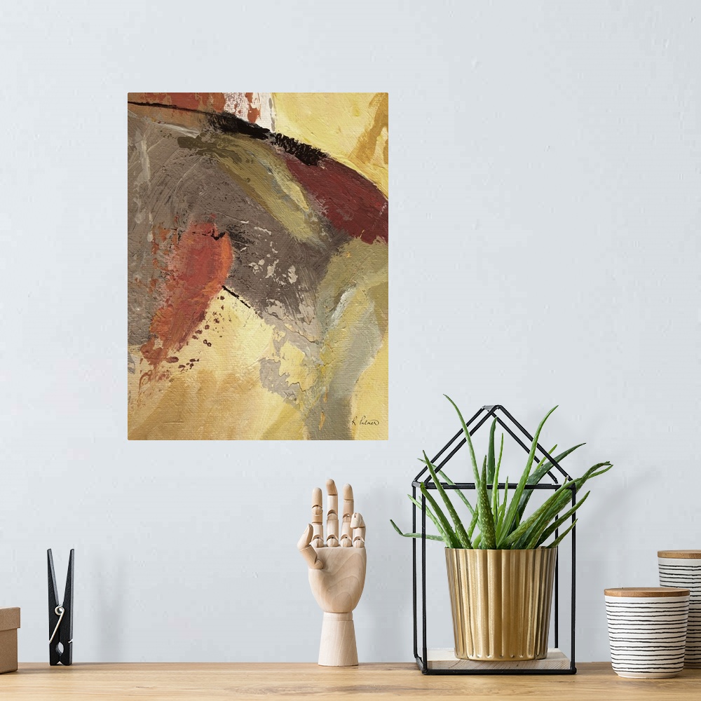 A bohemian room featuring Contemporary abstract artwork with flowing colors in yellow and rusty copper tones.